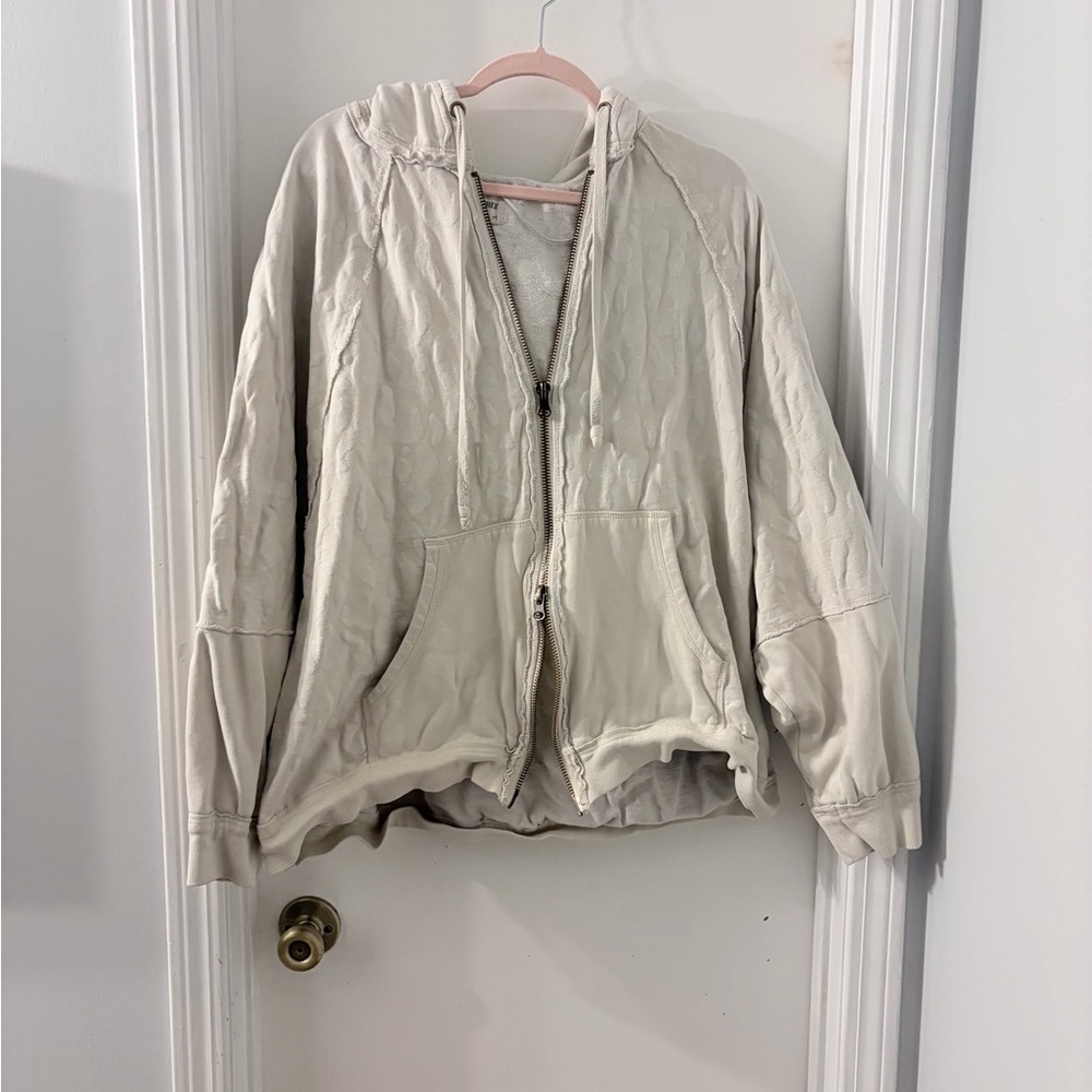 Free people Neutral Hooded Zip-Up Jacket - subtle leopard print